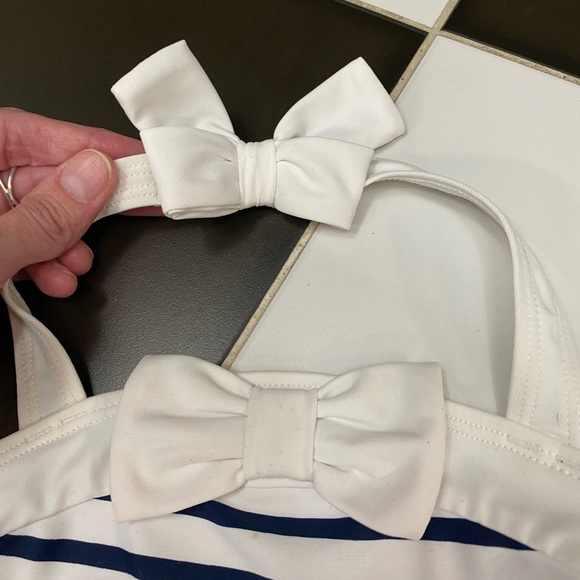 Janie and Jack Navy and White Sailor One Piece Swimsuit With Bow Halter - Picture 3 of 10